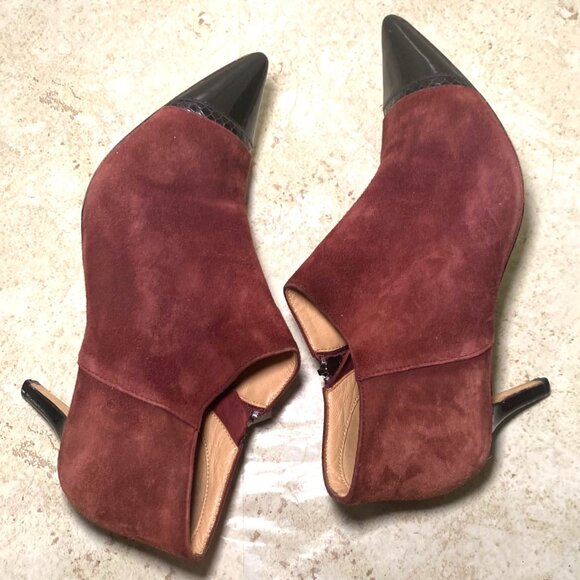 Burgundy Suede Pointed Toe Booties Black Patent Leather Tips Heels Office Casual - Picture 6 of 10